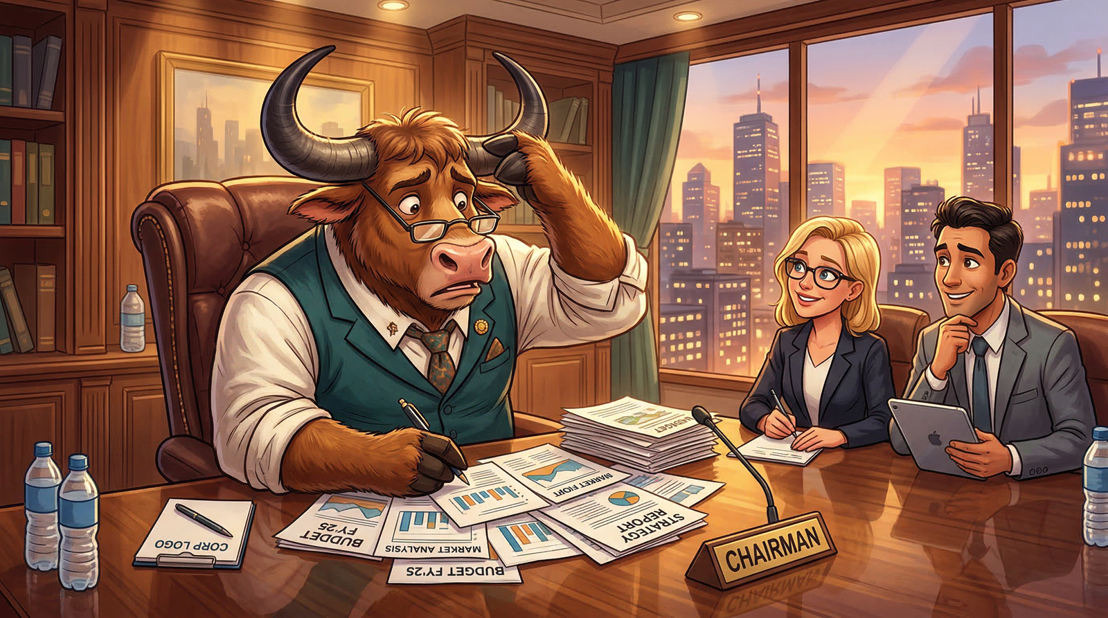 The Mighty Ox mascot sitting at the head of a boardroom table, looking bewildered by a stack of paperwork while two employees look on admiringly