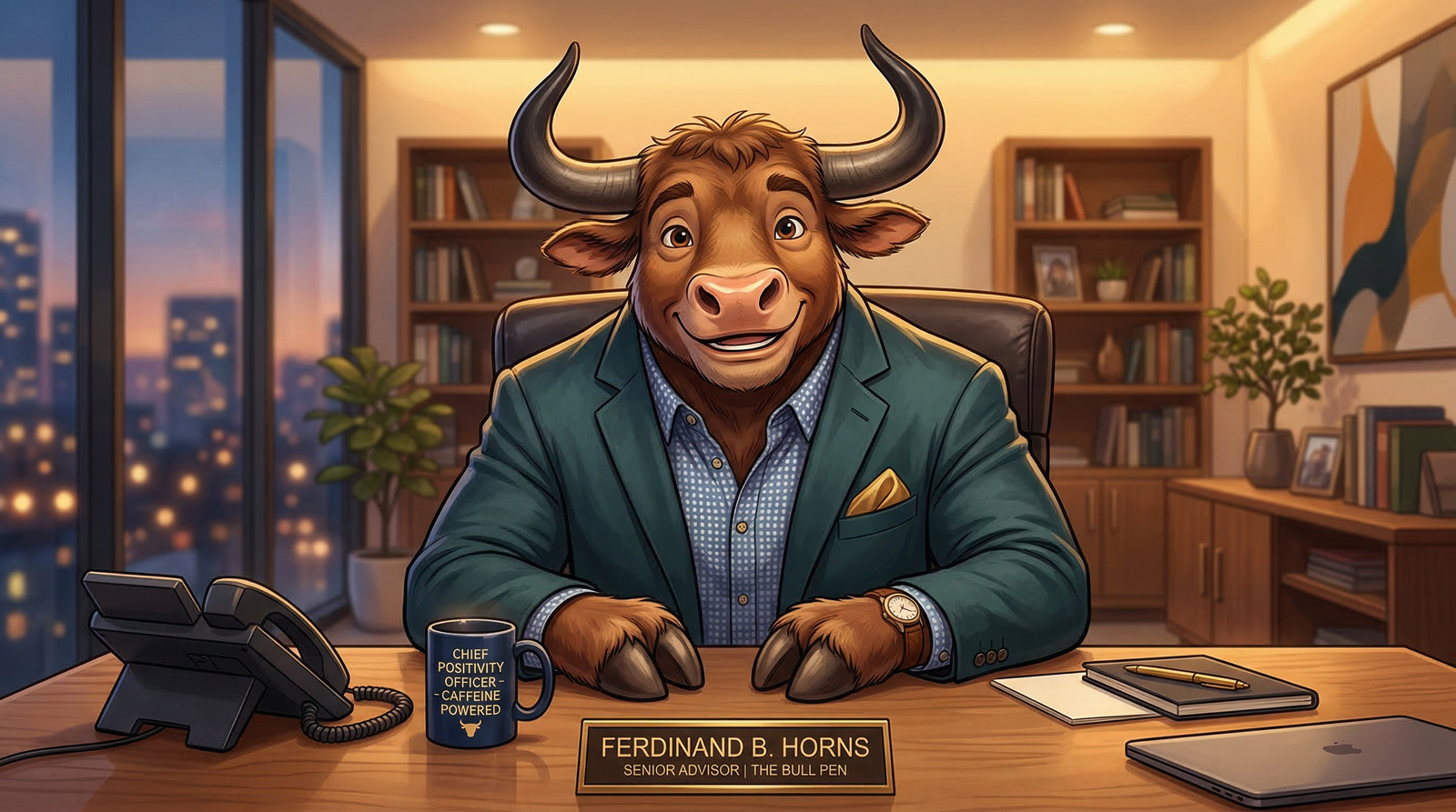 The Mighty Ox mascot sitting behind a desk with a warm smile, ready to chat