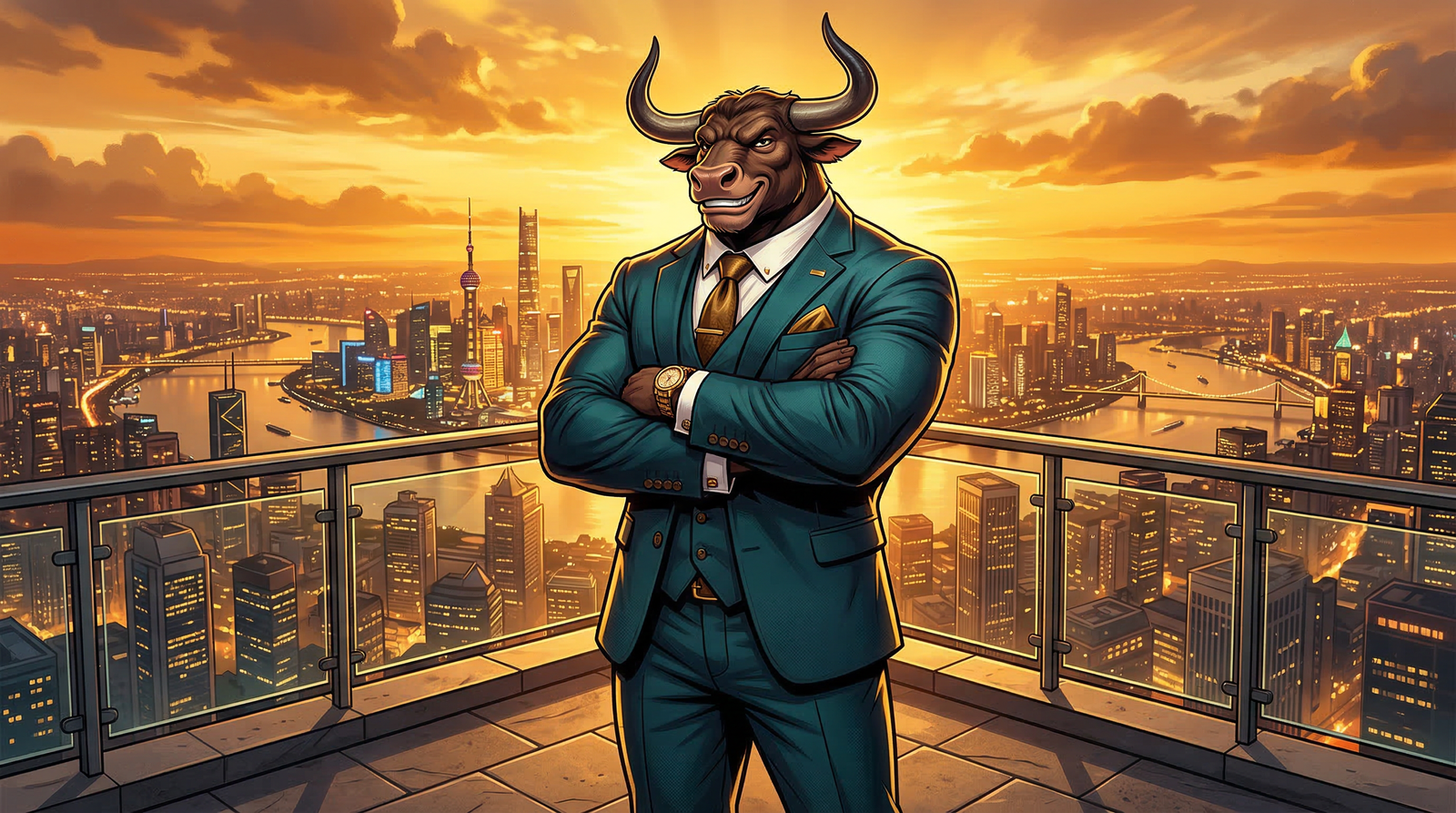 The Mighty Ox mascot in a teal business suit, arms crossed confidently in front of a city skyline